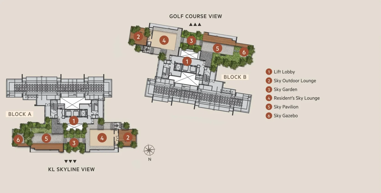 OAKA Residences rooftop sky level plan with legend — Block A KL skyline view and Block B golf course view, sky lounge, sky garden, sky pavilion
