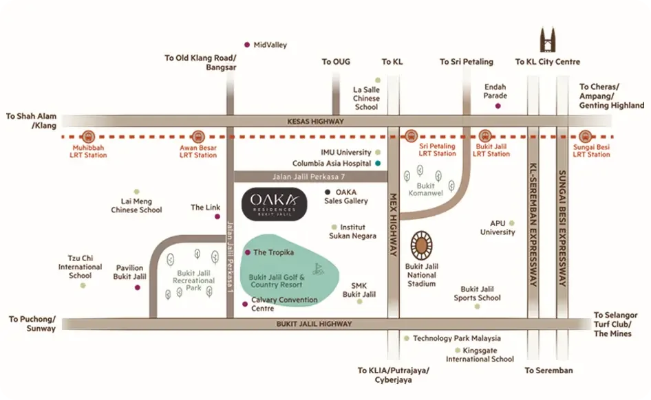OAKA Residences Bukit Jalil location map showing LRT stations, highways and surrounding amenities