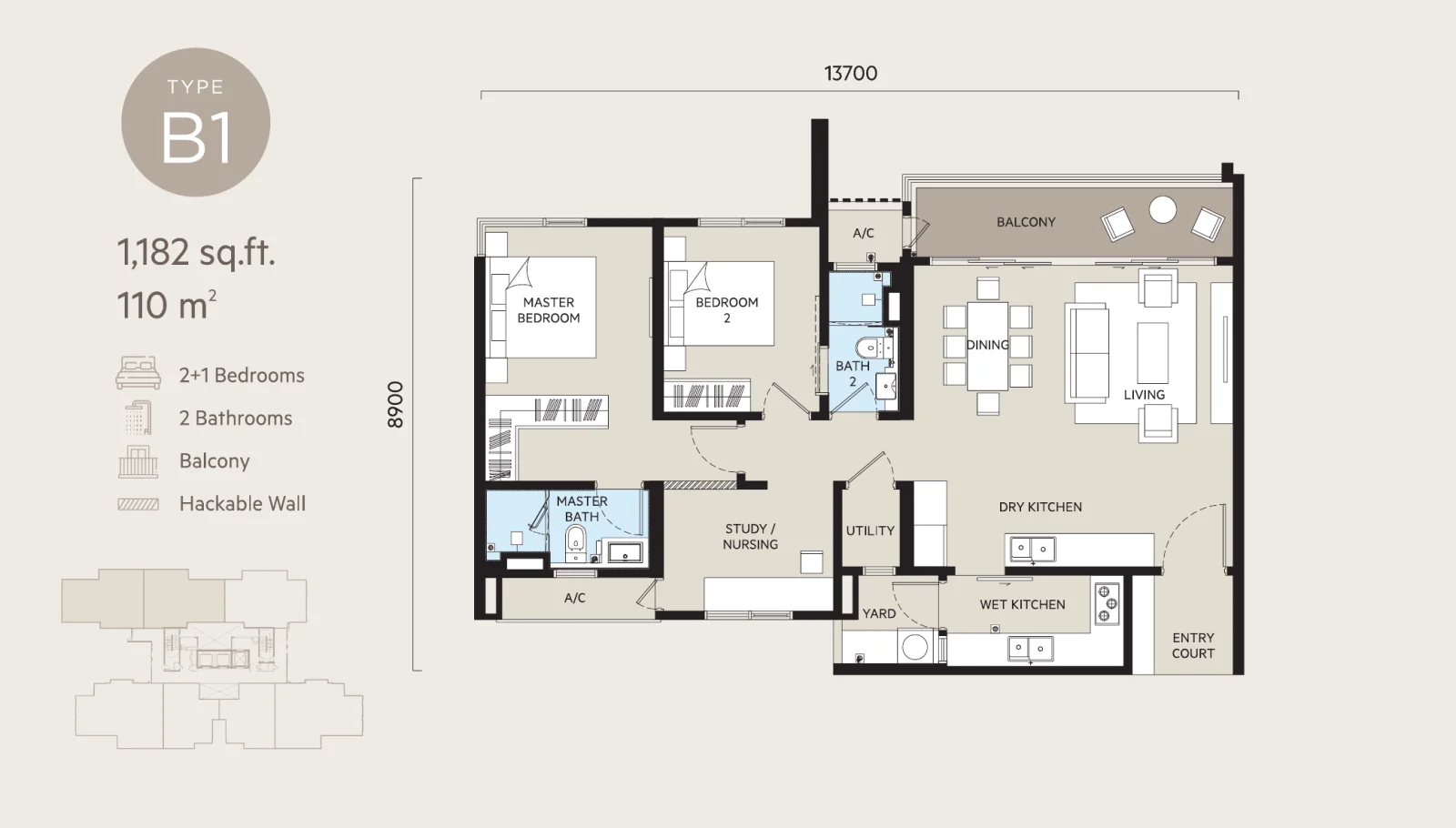 Type B1 floor plan — 1,182 sq.ft, 2+1 bedrooms, 2 bathrooms, balcony