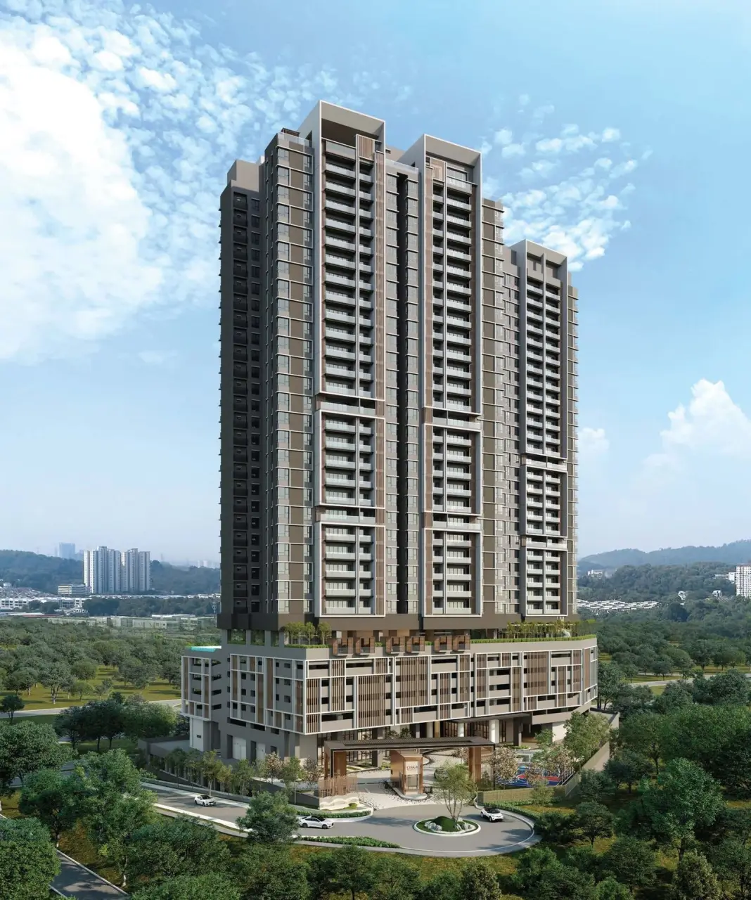 OAKA Residences tower amid lush greenery